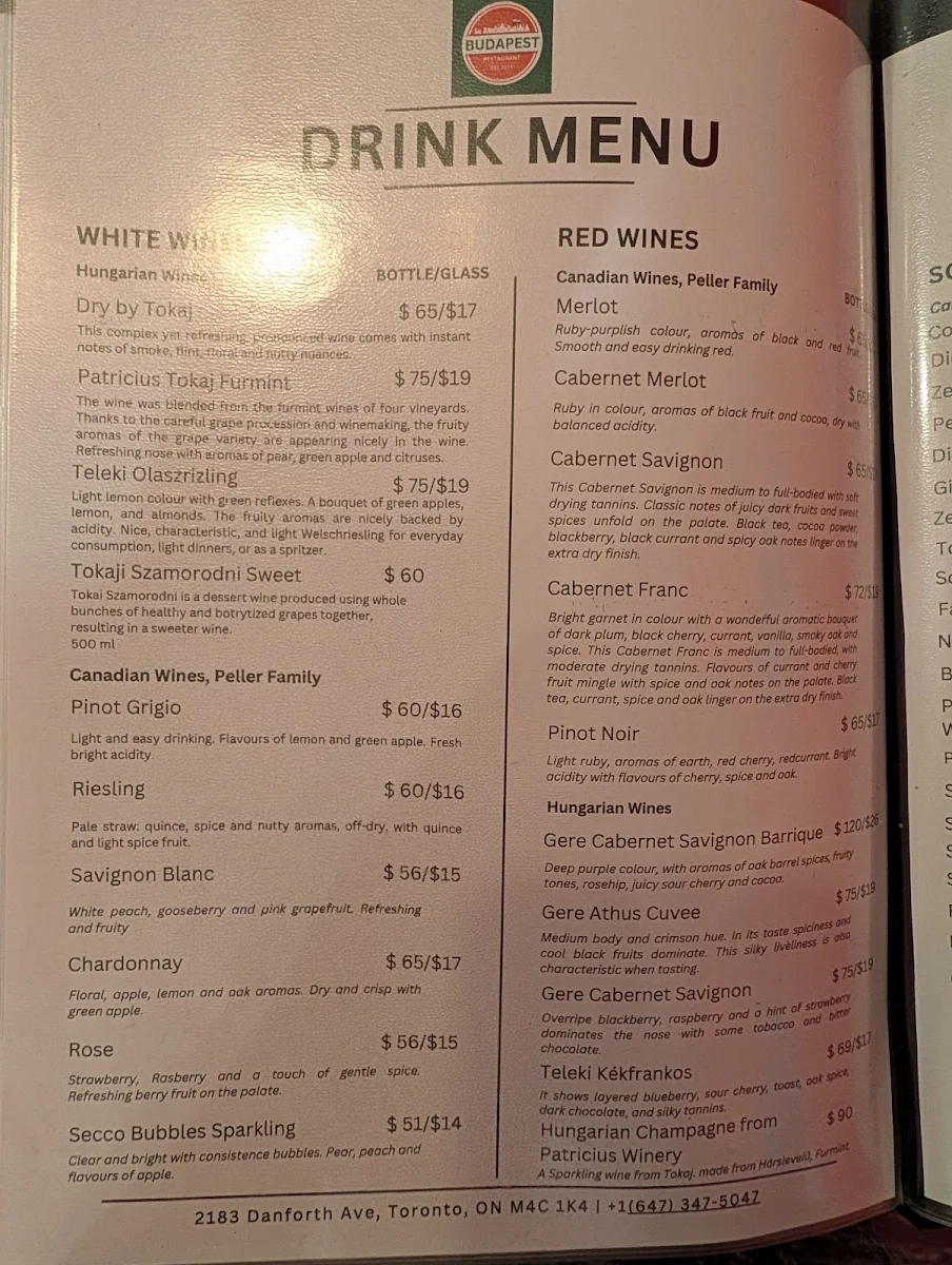 Menu, Budapest Hungarian Restaurant
