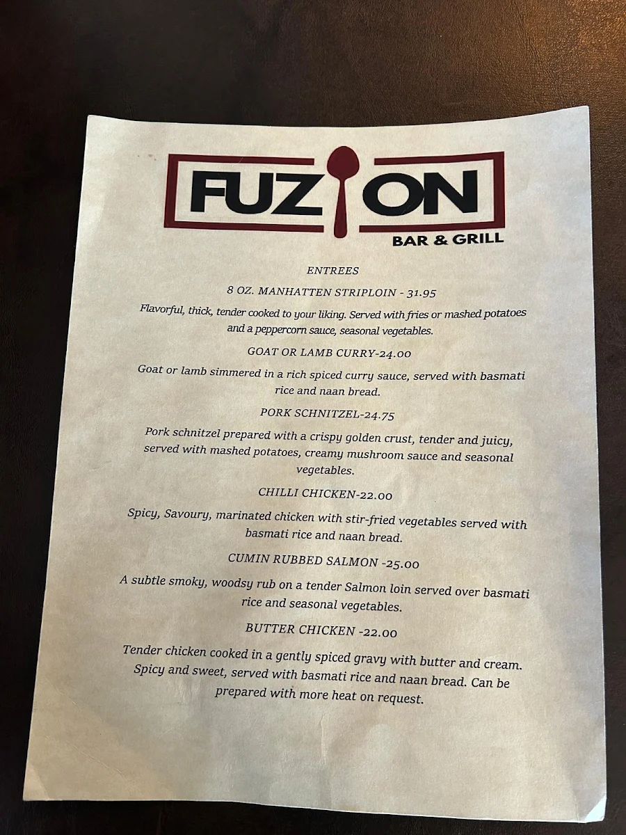 Menu, Fuzion Bar & Grill