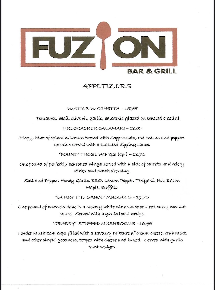 Menu, Fuzion Bar & Grill