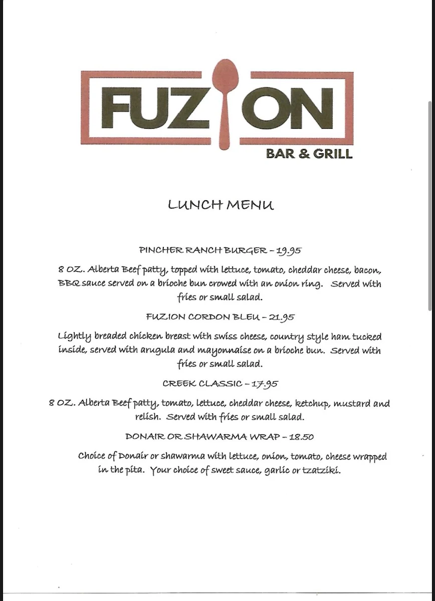 Menu, Fuzion Bar & Grill
