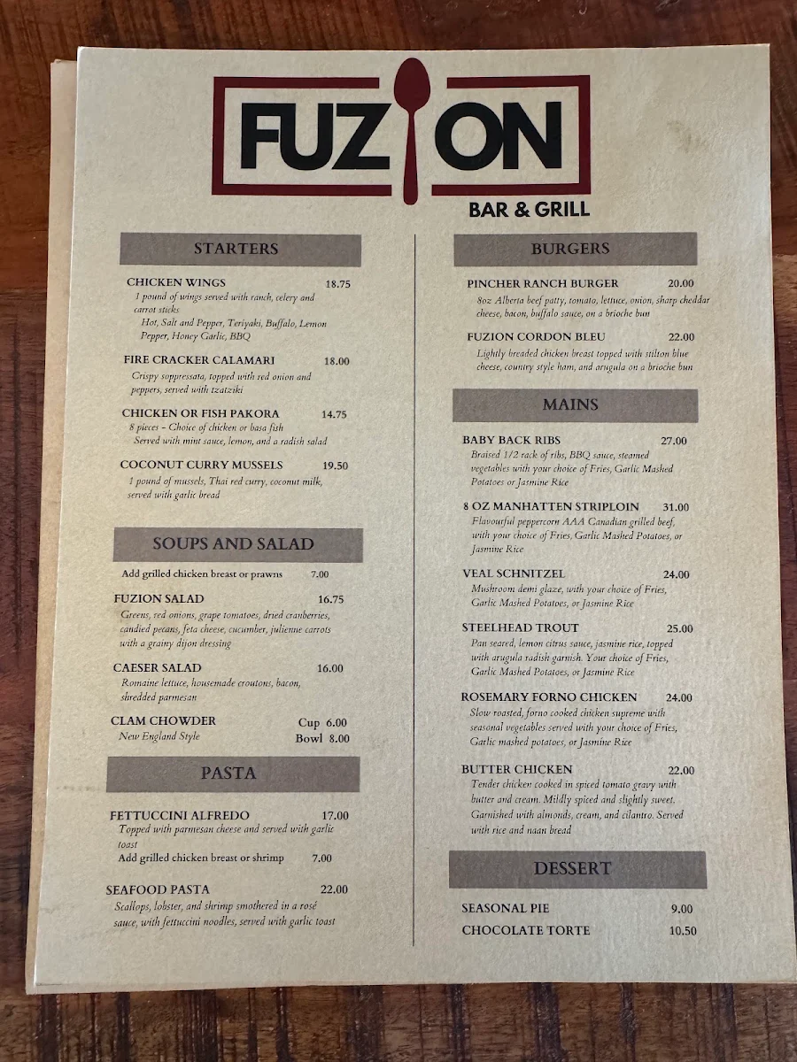 Menu, Fuzion Bar & Grill