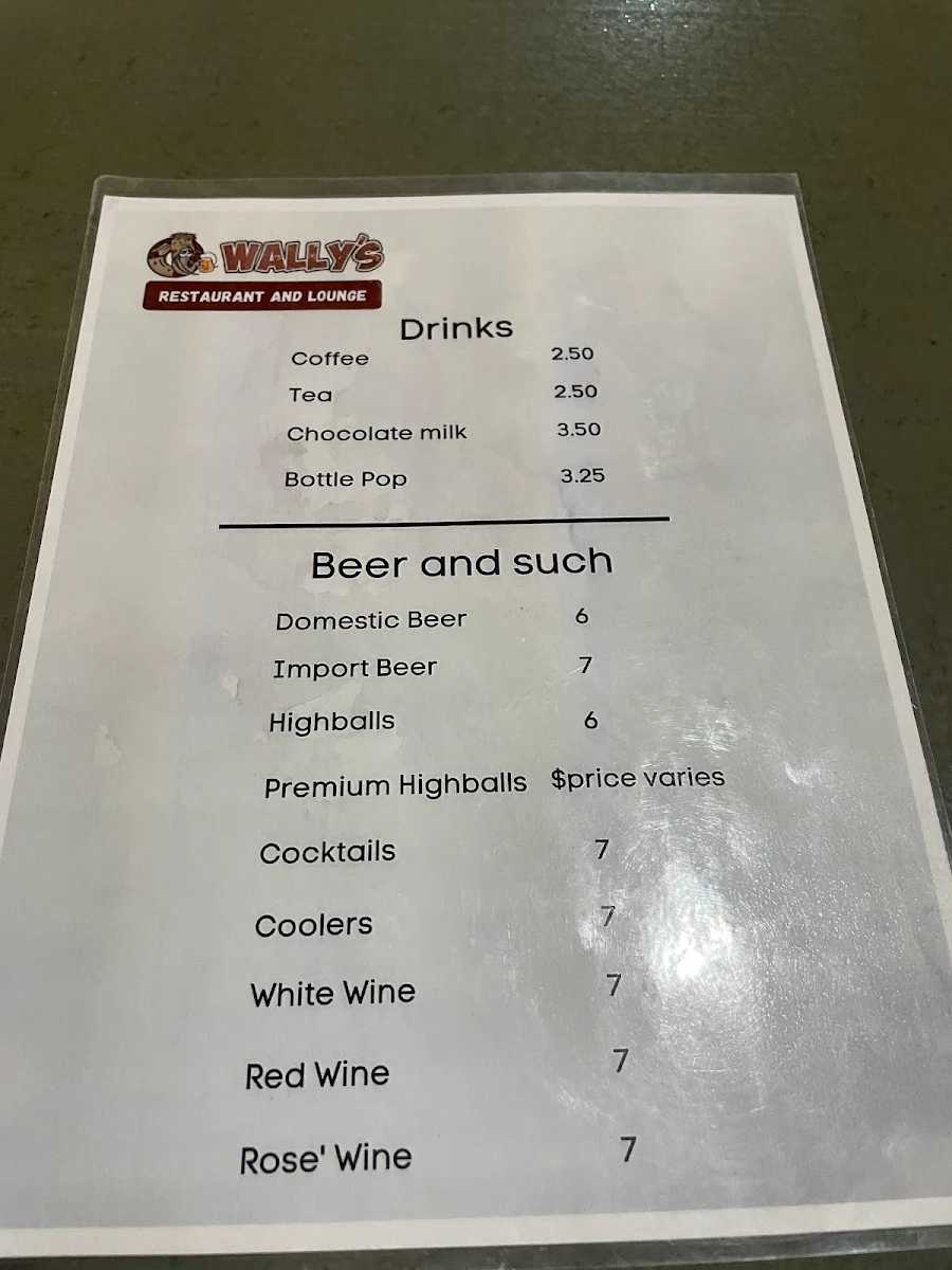 Menu, Wally’s Bar and Restaurant
