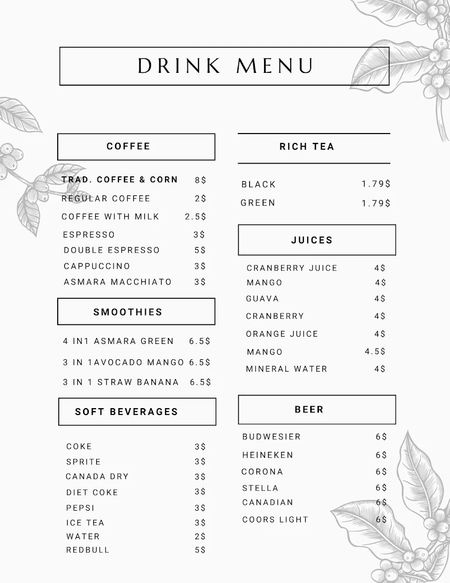 Menu, Asmara Lounge and Restaurant