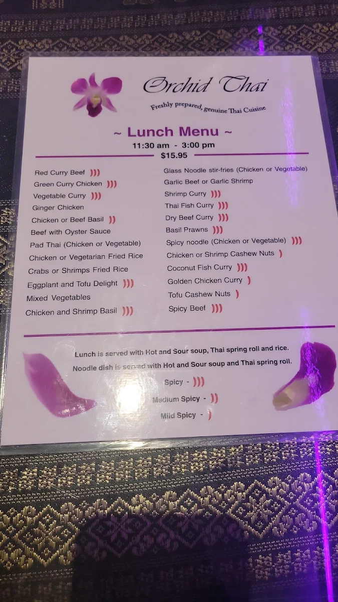 Menu, Orchid Thai