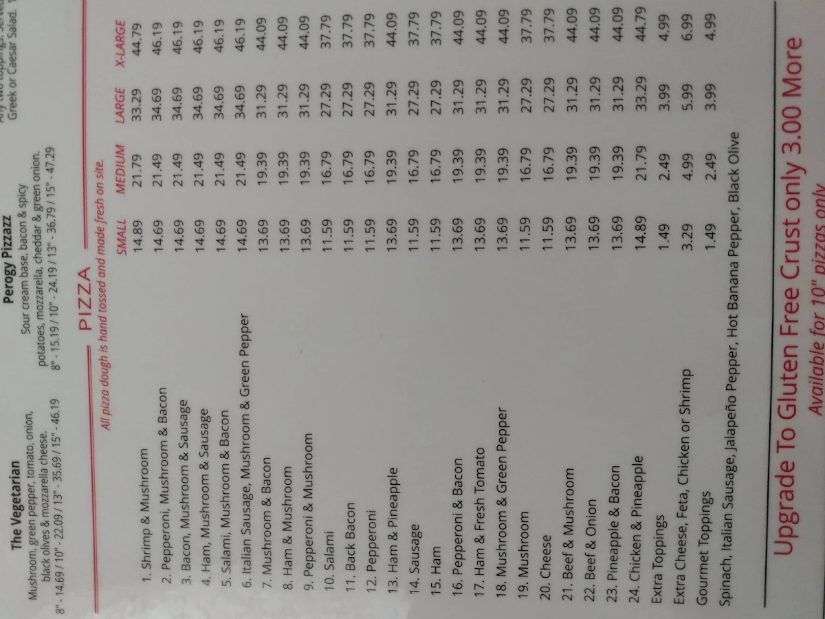 Menu, Trifon's Pizza