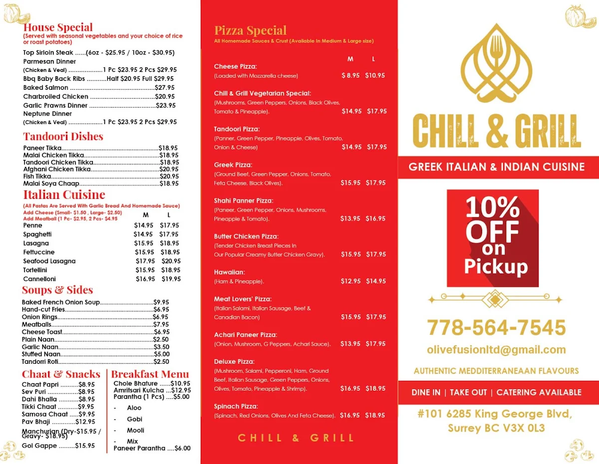 Menu, Chill & Grill Restaurant