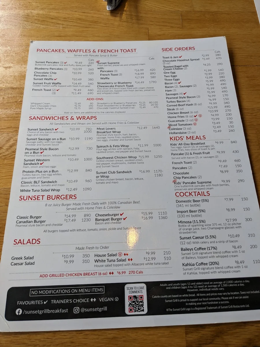 Menu, Sunset Grill