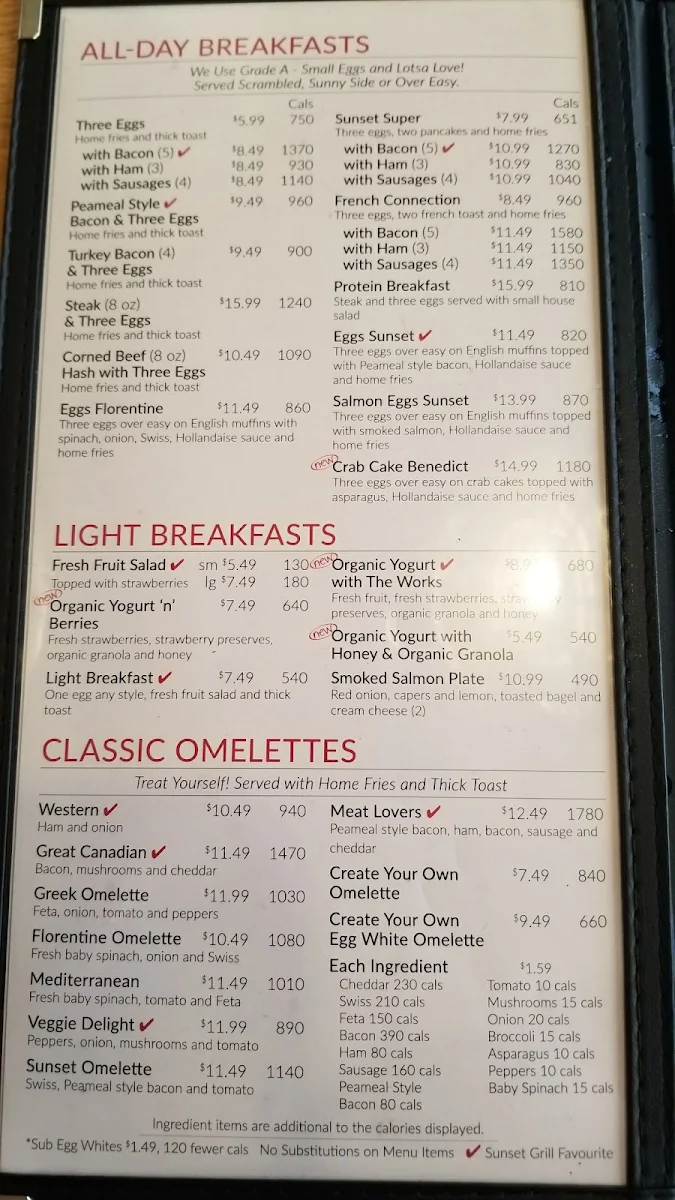 Menu, Sunset Grill