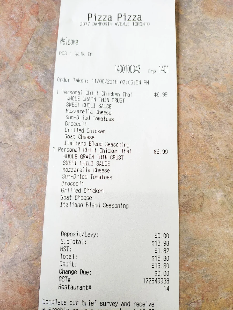 Menu, Pizza Pizza