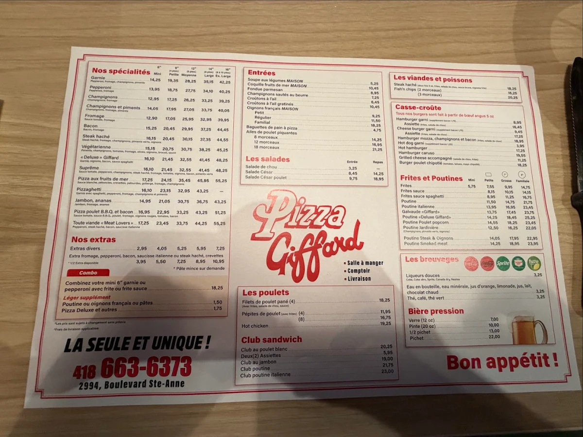 Menu, Restaurant Pizza Giffard Inc