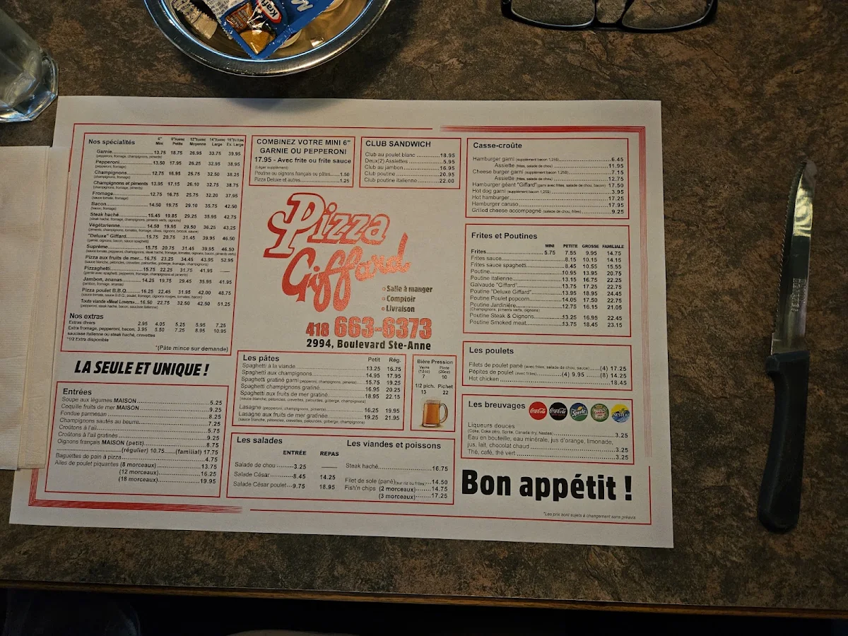 Menu, Restaurant Pizza Giffard Inc