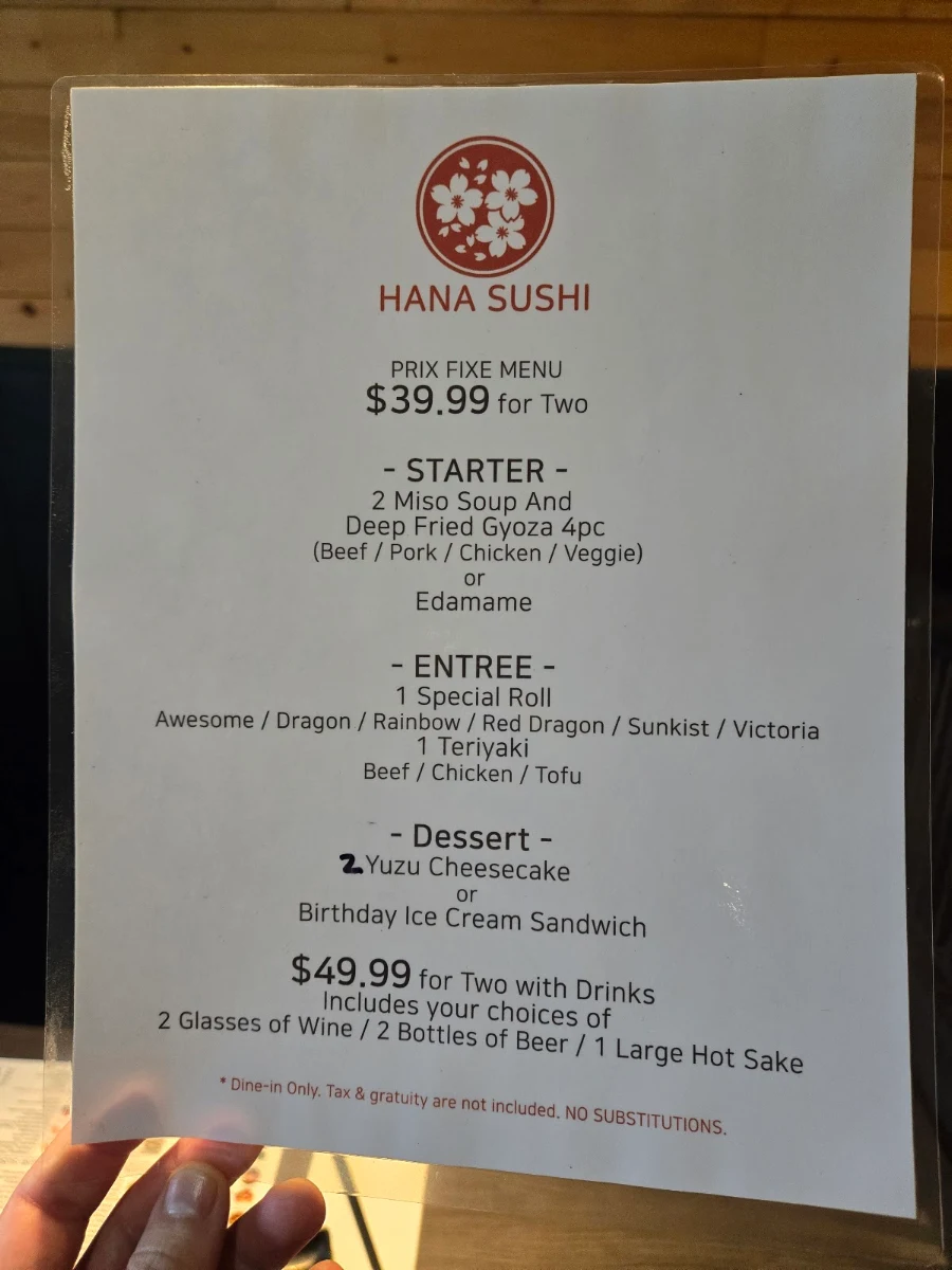 Menu, Hana Sushi Japanese Restaurant
