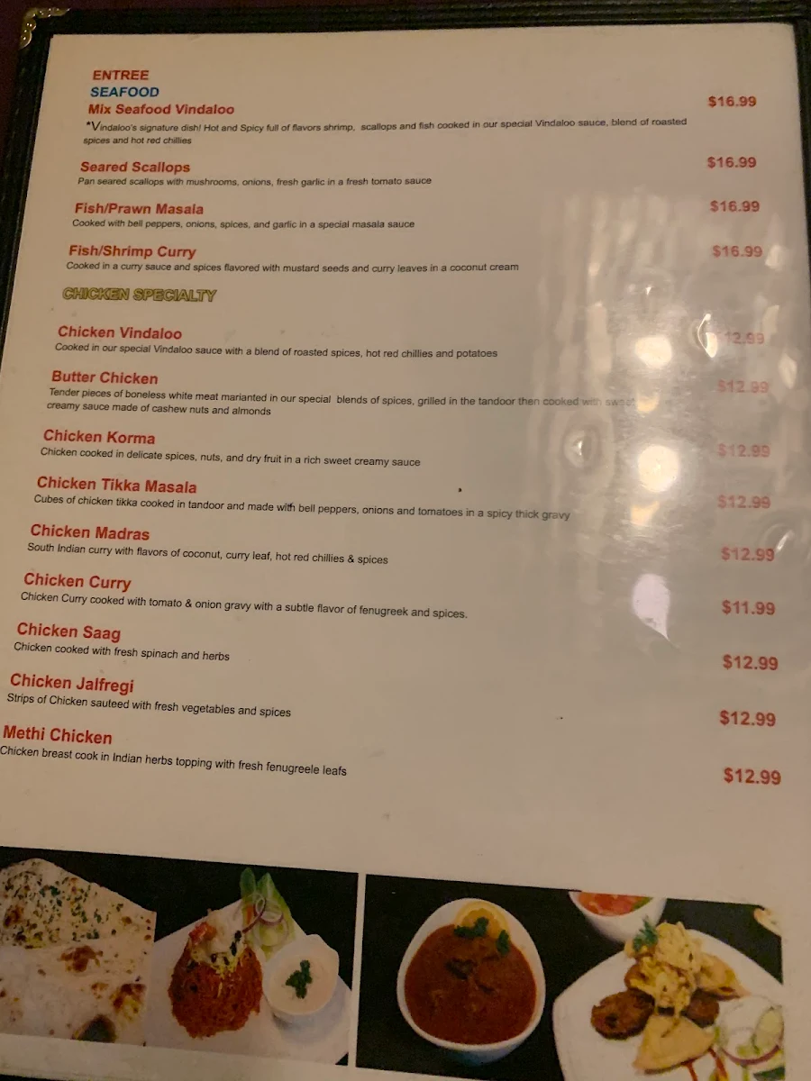 Menu, Vindaloo Indian Cuisine