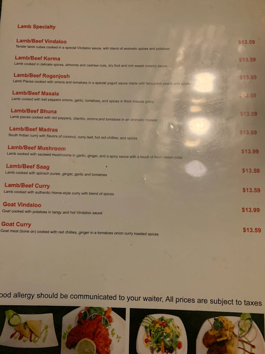 Menu, Vindaloo Indian Cuisine