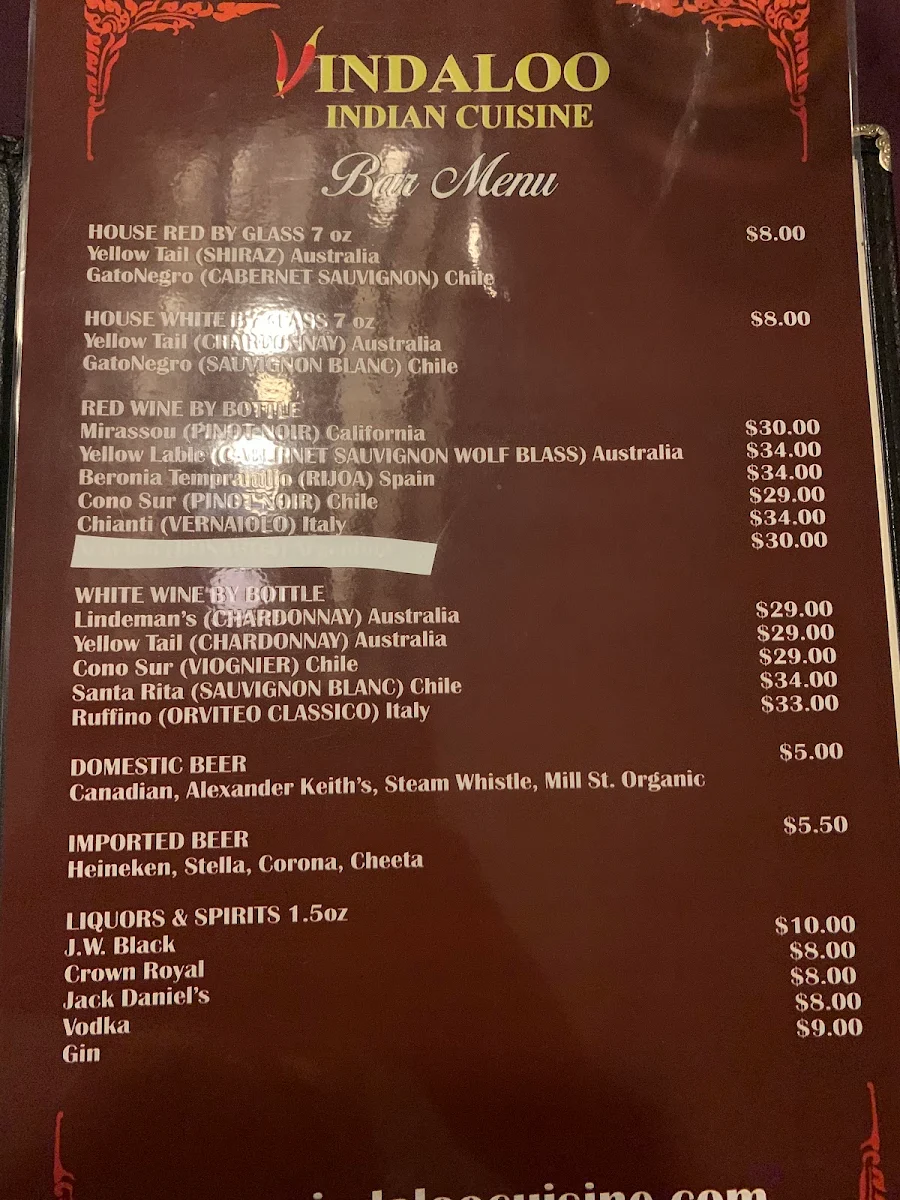 Menu, Vindaloo Indian Cuisine