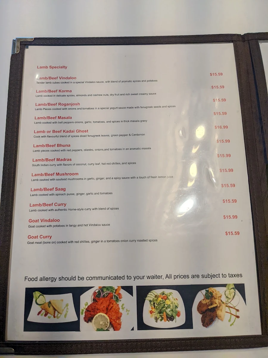 Menu, Vindaloo Indian Cuisine