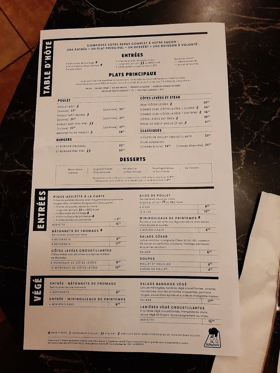 Menu, Rôtisserie St-Hubert