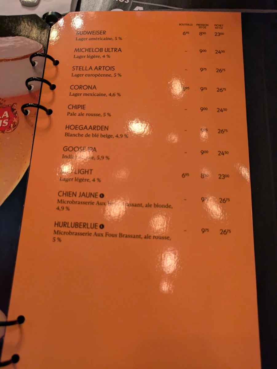 Menu, Rôtisserie St-Hubert