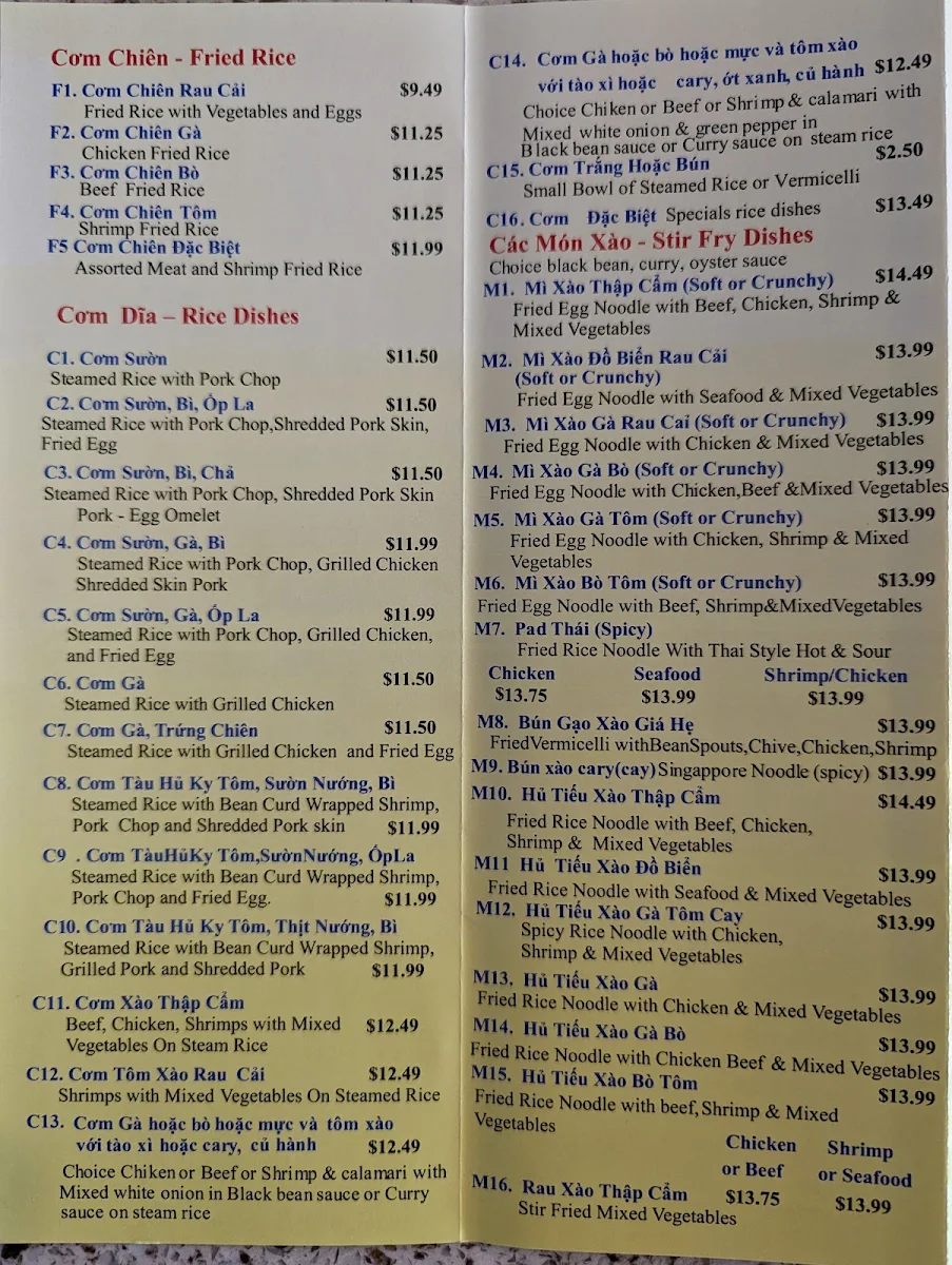 Menu, Thuân Thành Restaurant