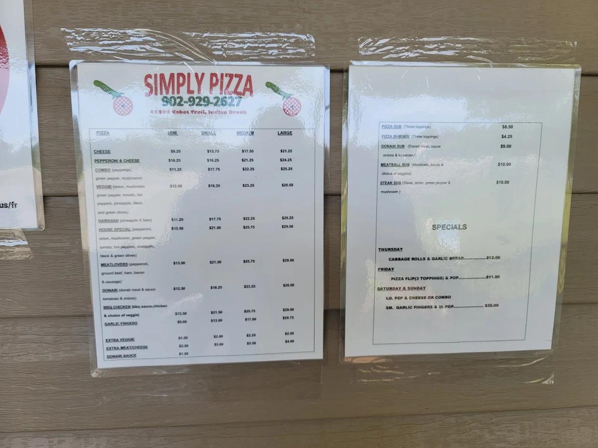 Menu, Simply Pizza