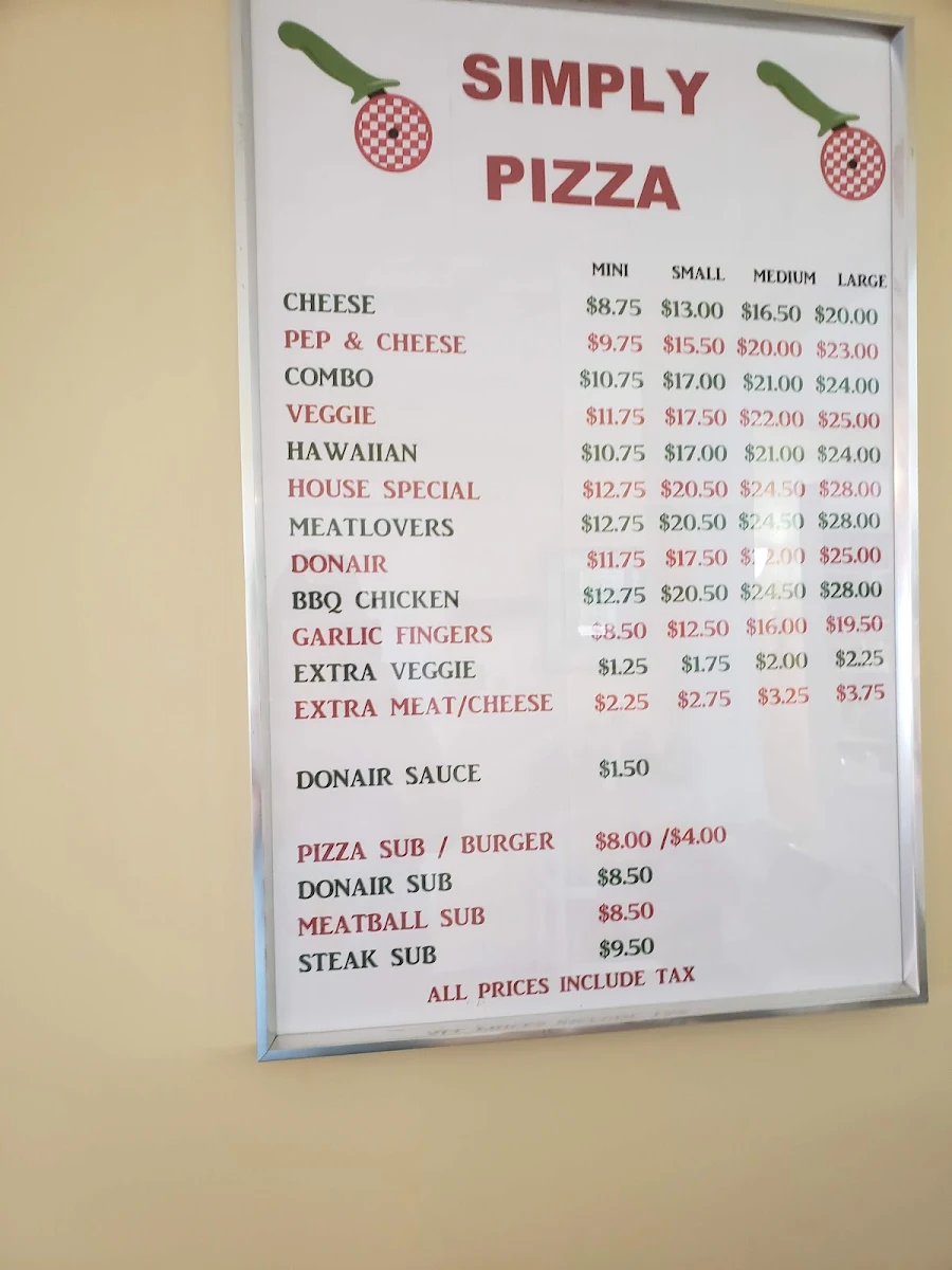 Menu, Simply Pizza