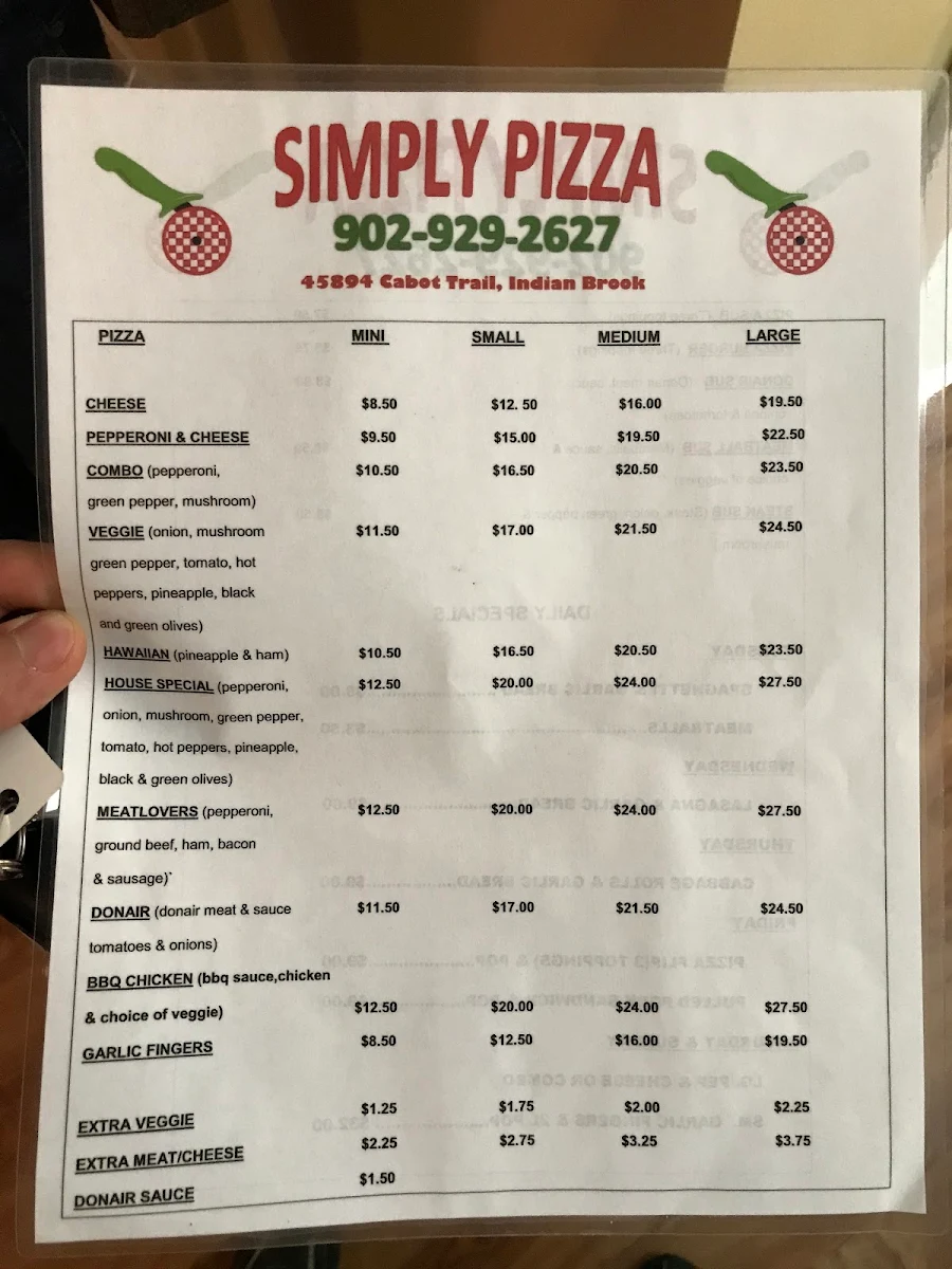 Menu, Simply Pizza