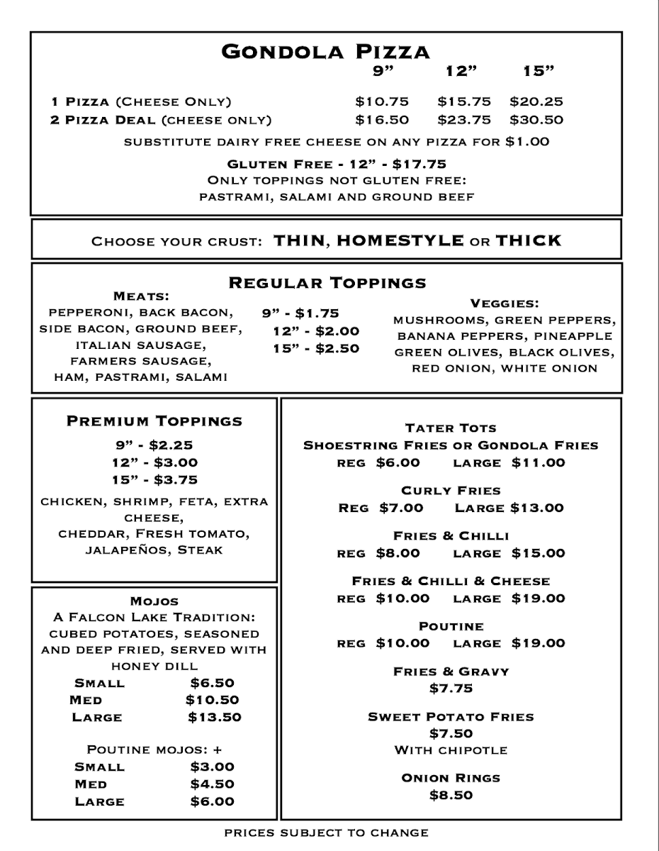 Menu, Scotty's Drive-In Gondola Pizza
