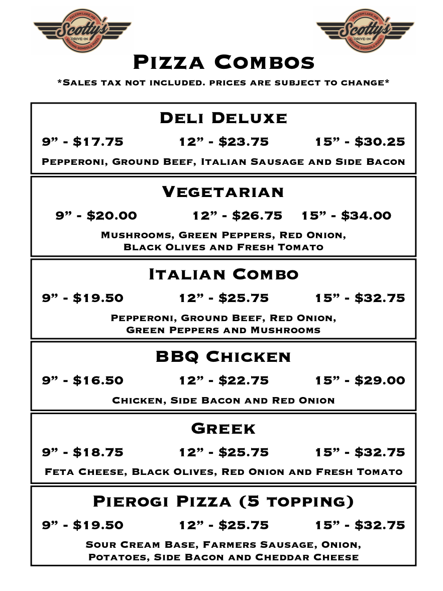 Menu, Scotty's Drive-In Gondola Pizza
