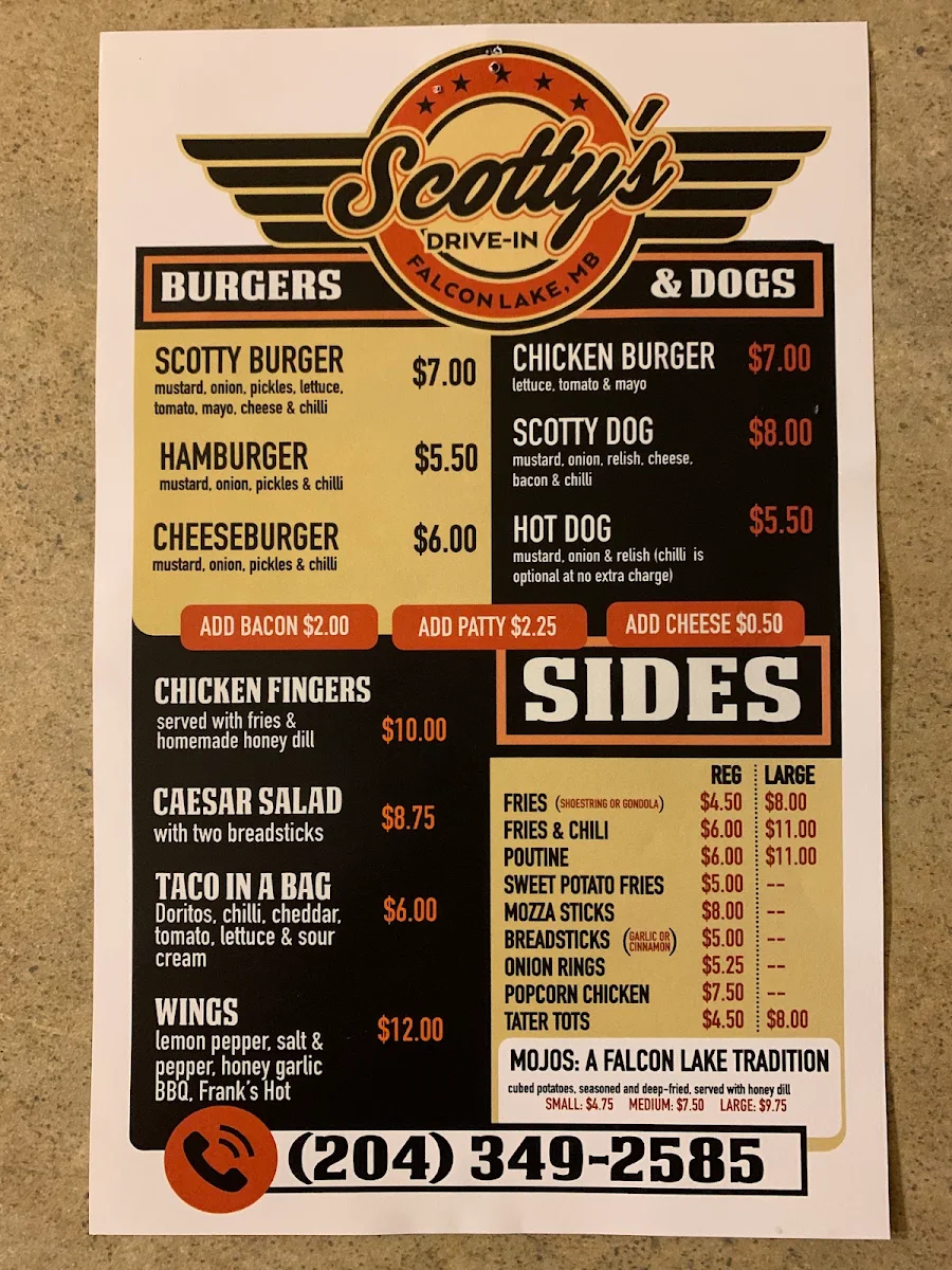 Menu, Scotty's Drive-In Gondola Pizza