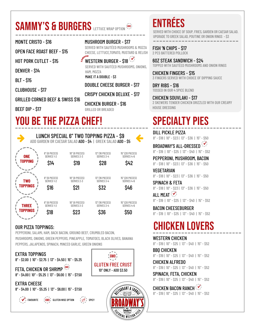 Menu, Western Pizza