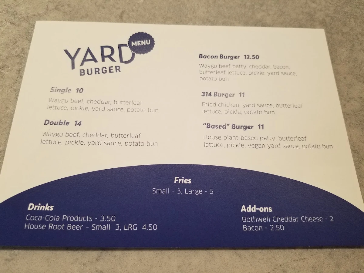 Menu, Yard Burger