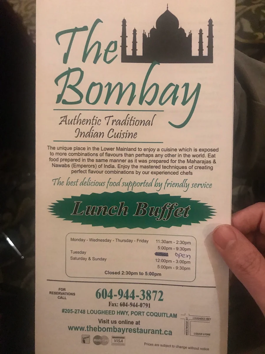 Menu, The Bombay Restaurant