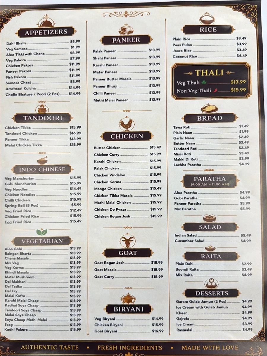 Menu, Satkar Indian Restaurant