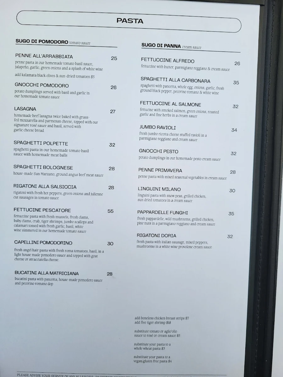 Menu, Vagabondo Restobar