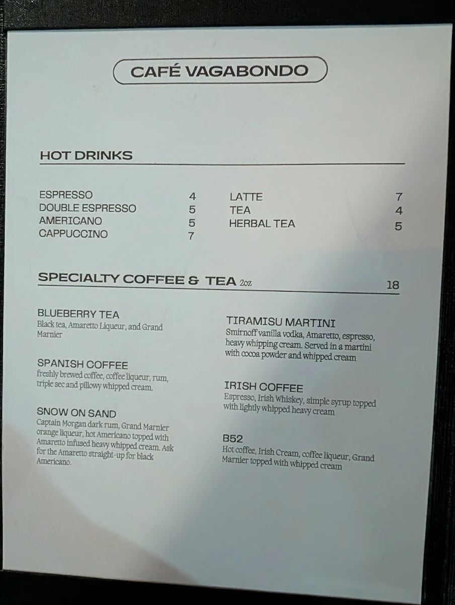 Menu, Vagabondo Restobar