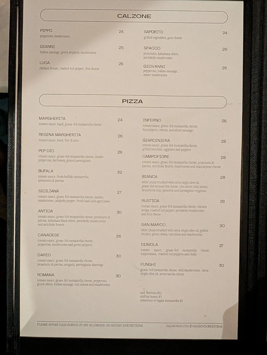 Menu, Vagabondo Restobar