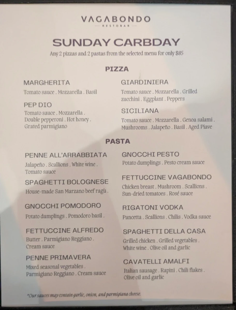 Menu, Vagabondo Restobar