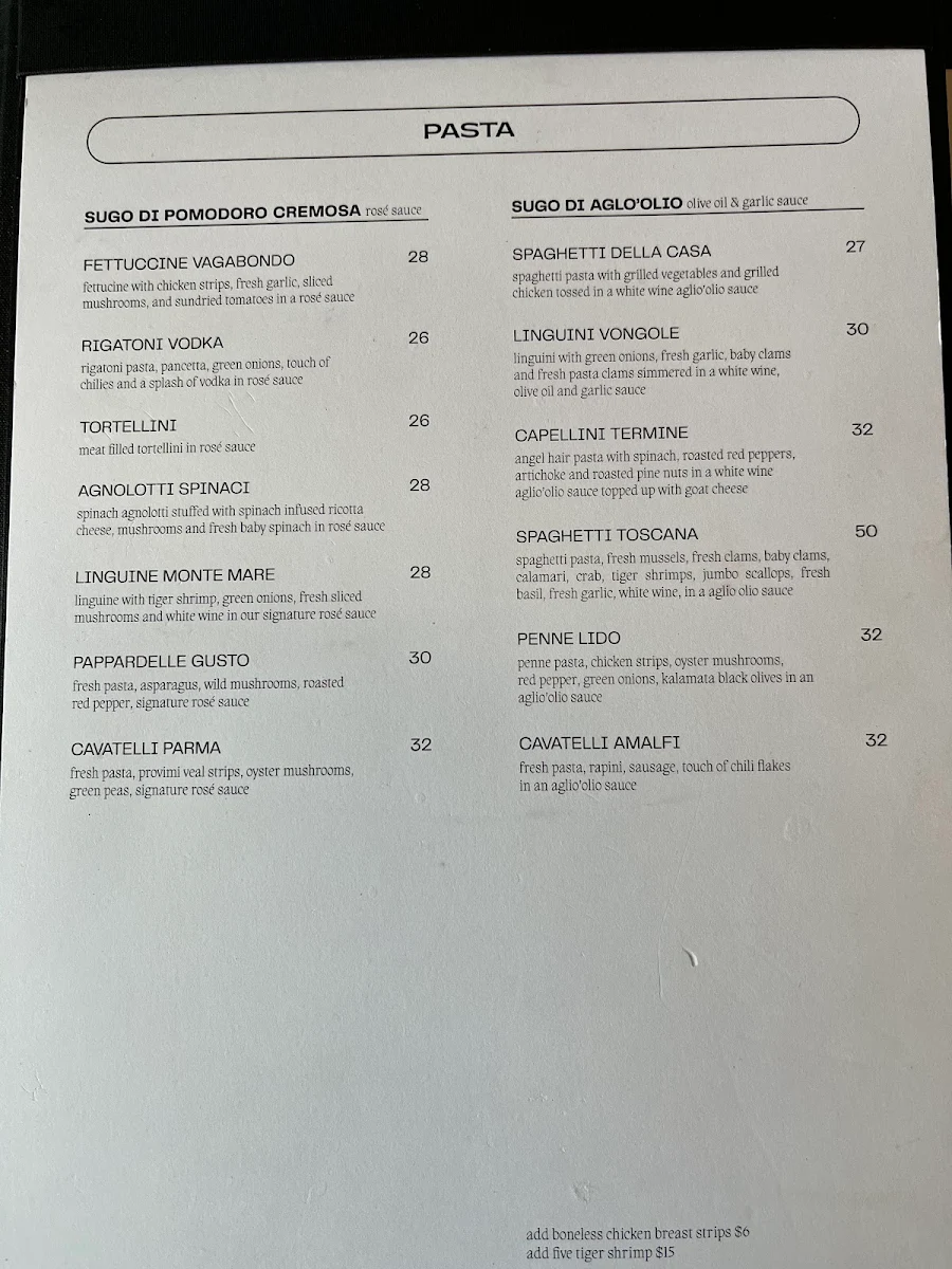 Menu, Vagabondo Restobar