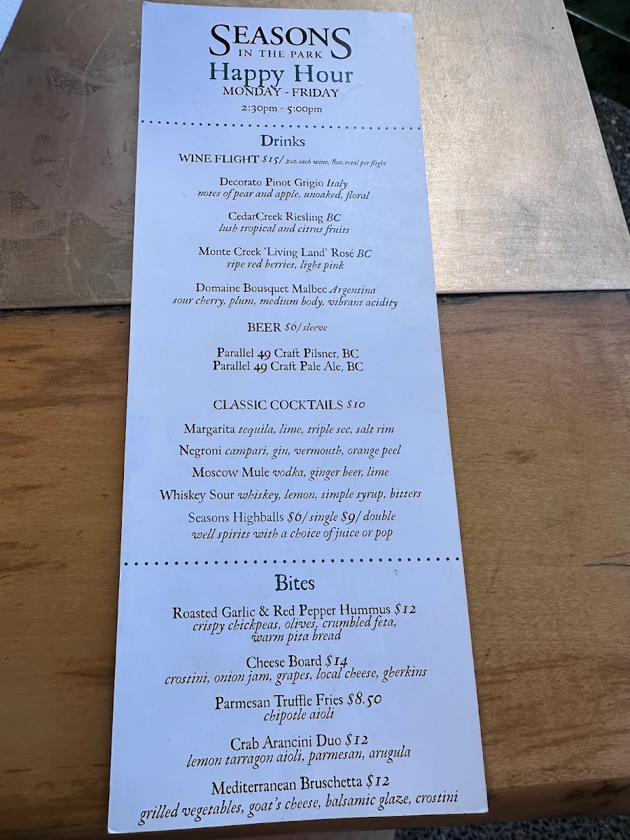 Menu, Seasons in the Park