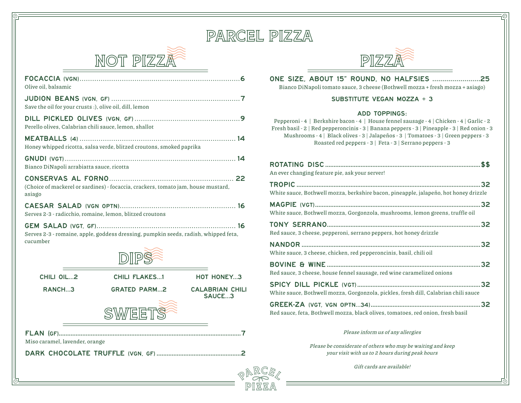 Menu, Parcel Pizza