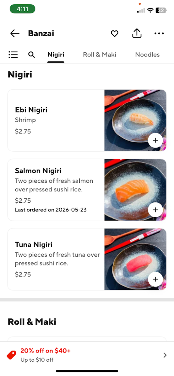 Menu, Banzai Sushi & Teriyaki House