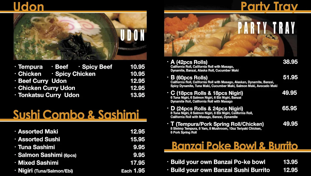 Menu, Banzai Sushi & Teriyaki House