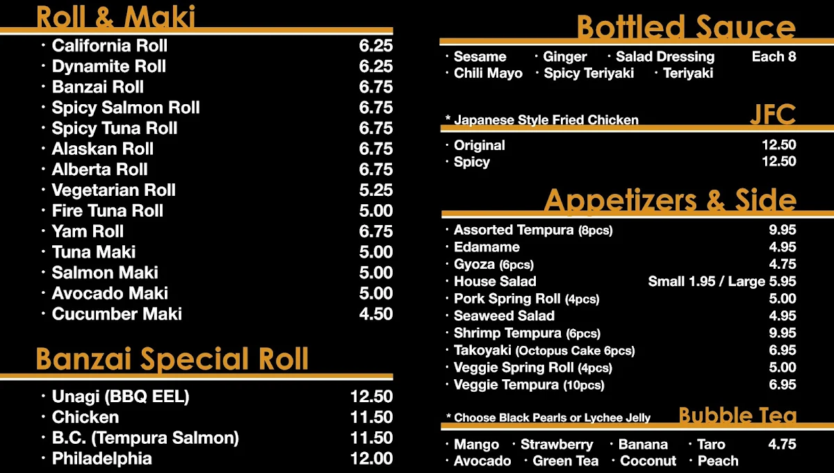 Menu, Banzai Sushi & Teriyaki House