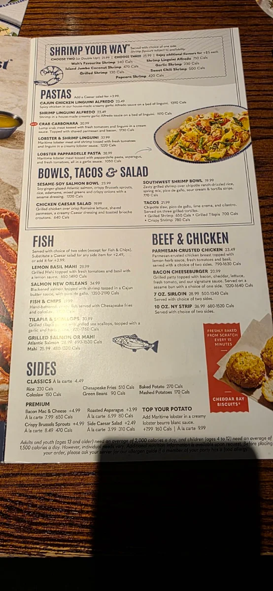 Menu, Red Lobster