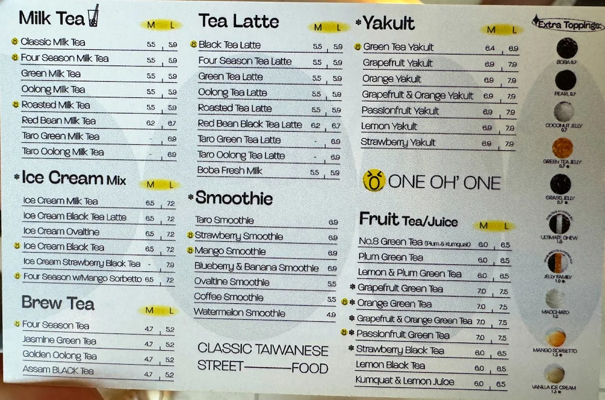 Menu, 101 BoBA