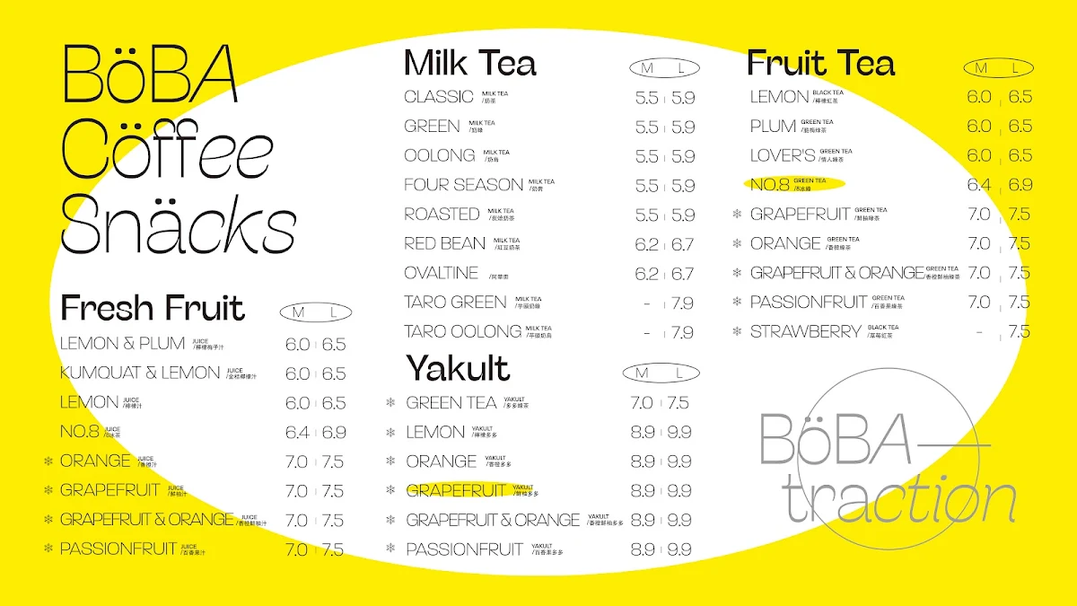 Menu, 101 BoBA