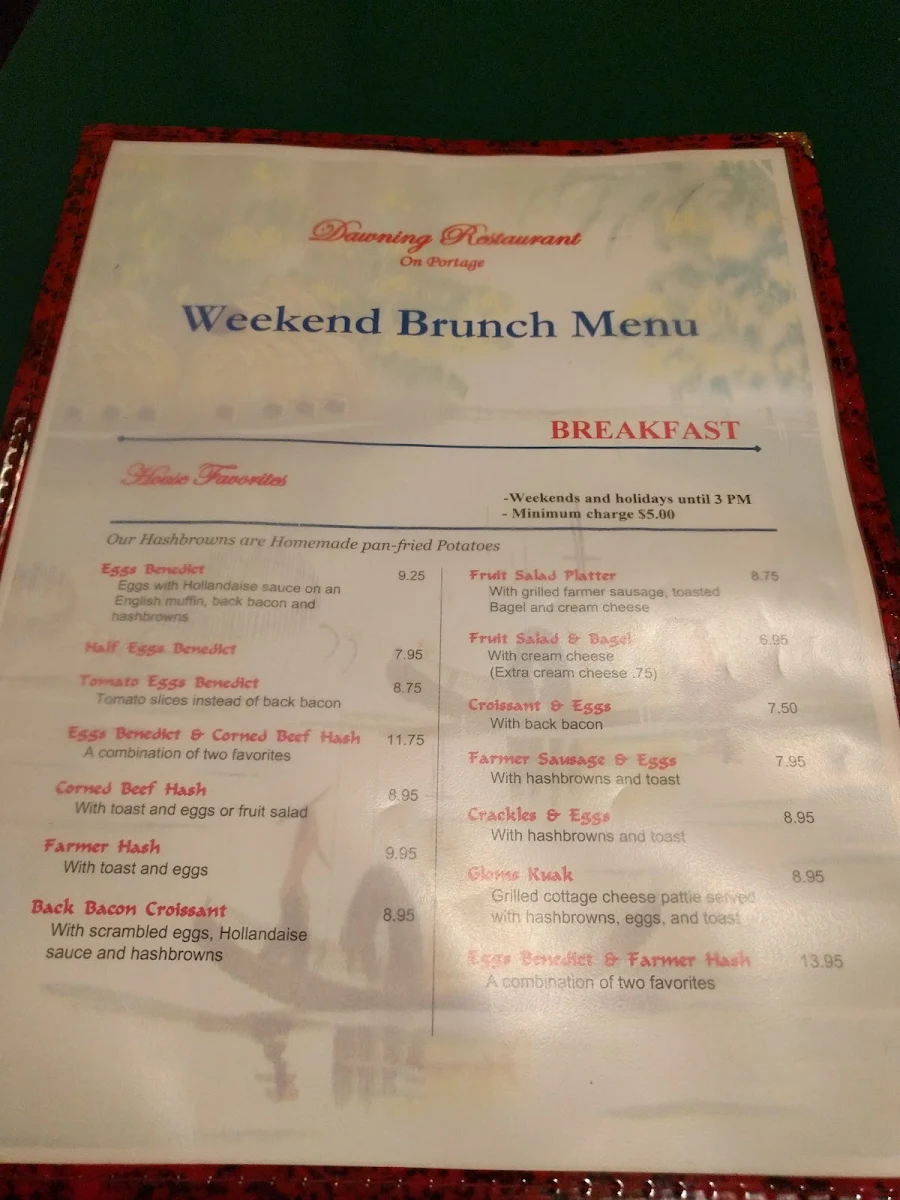 Menu, Dawning Restaurant