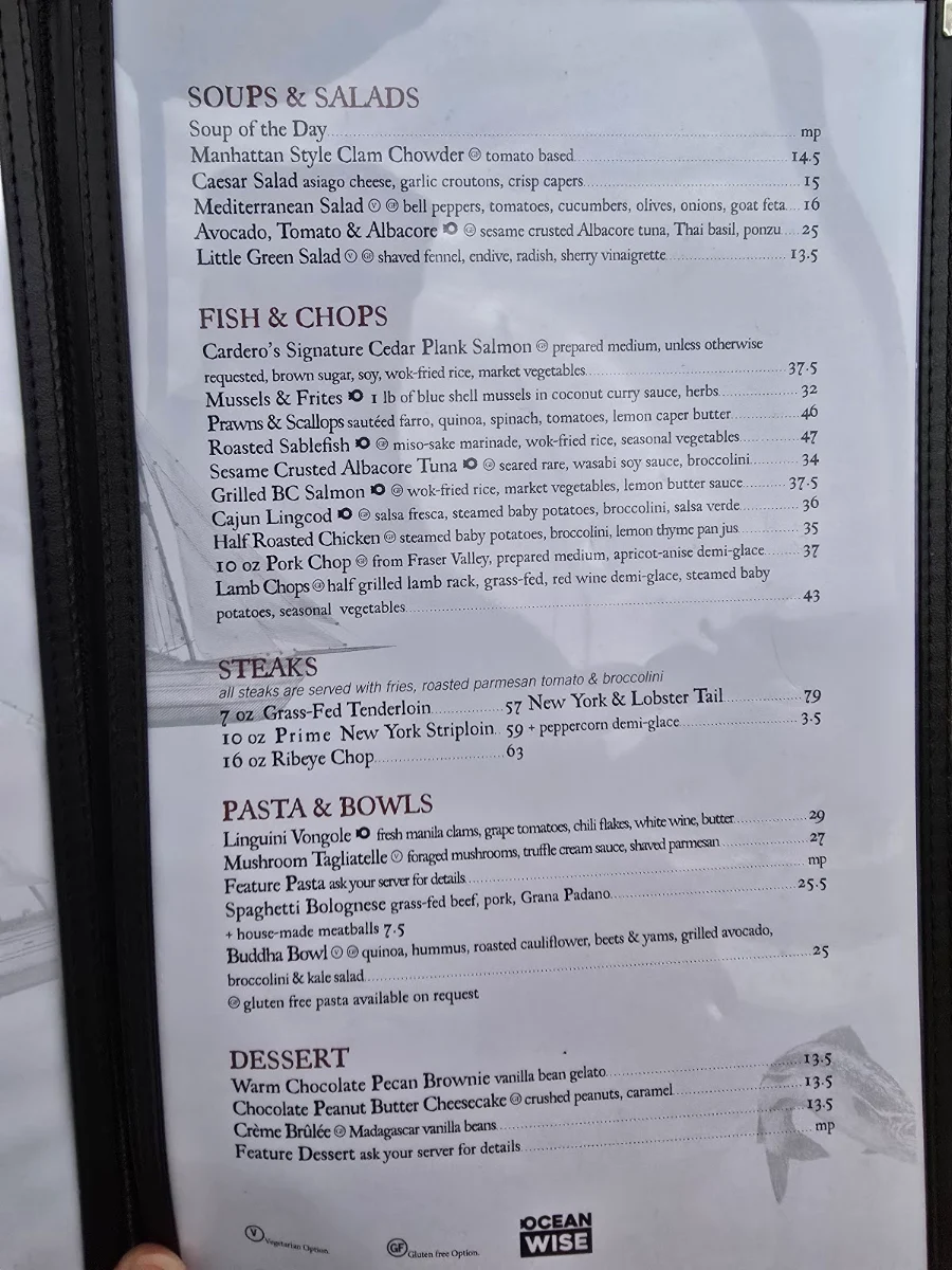 Menu, Cardero's Restaurant