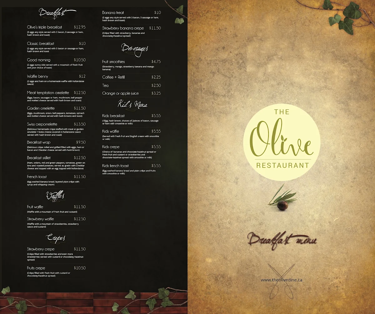 Menu, The Olive Restaurant