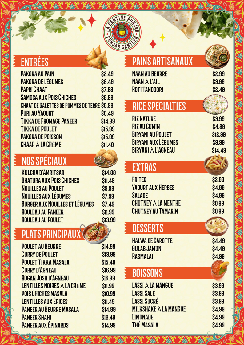 Menu, Punjab Canteen Laval